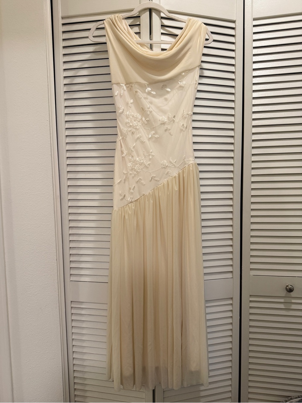 Cream Beaded Cowl-Neck Maxi Dress